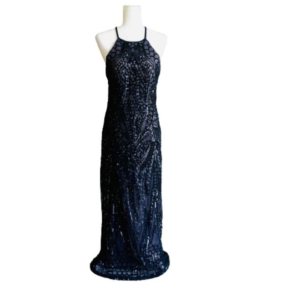 Nightway Gown Dress Navy Blue Mesh Sequins Halter Criss Criss Back Sheath Size 8 - Picture 16 of 16